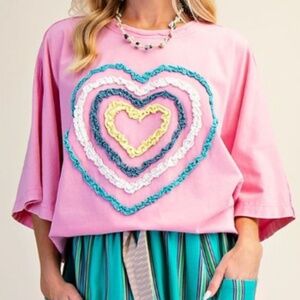 Easel, Oversized Chic Pink Heart; Embellished Short Sleeve Topo